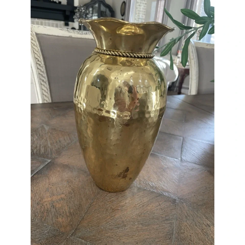 Vtg Hammered Brass Planter Urn Vase  Rope Tassel Design 10.25